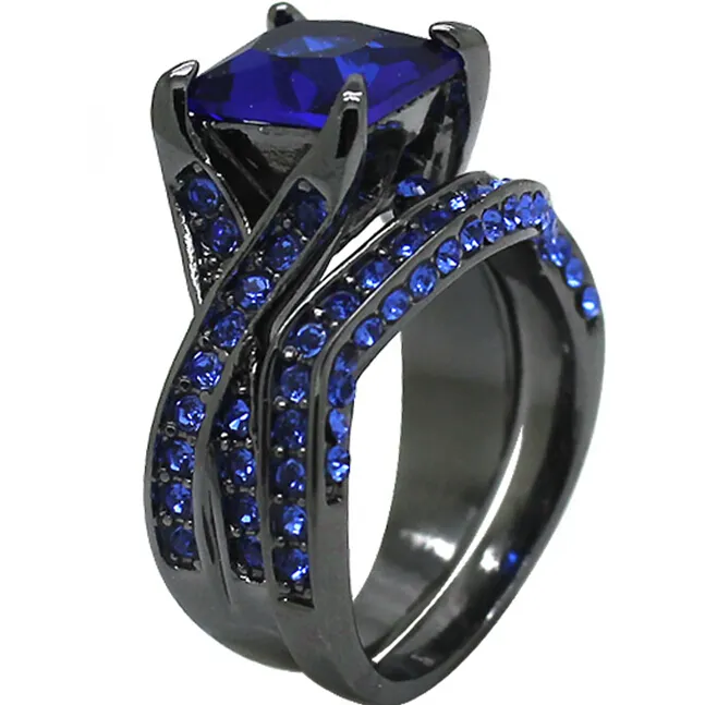 Size 5 To 11 Black Engagement Ring Wedding Blue Sapphire Princess Cut ...