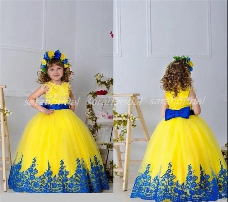 2019 gula och kungblå spets Little Flower Girls 'Dresses Bridal Party Askepott Princess Style Ball Ball Balls For Weddings K238F