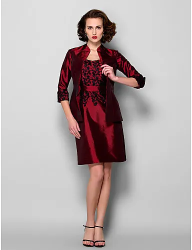 New Arrival Elegant Sheath/Column Mother of the Bride Dress With Jacket Burgundy Knee-length 3/4 Length Sleeve Taffeta