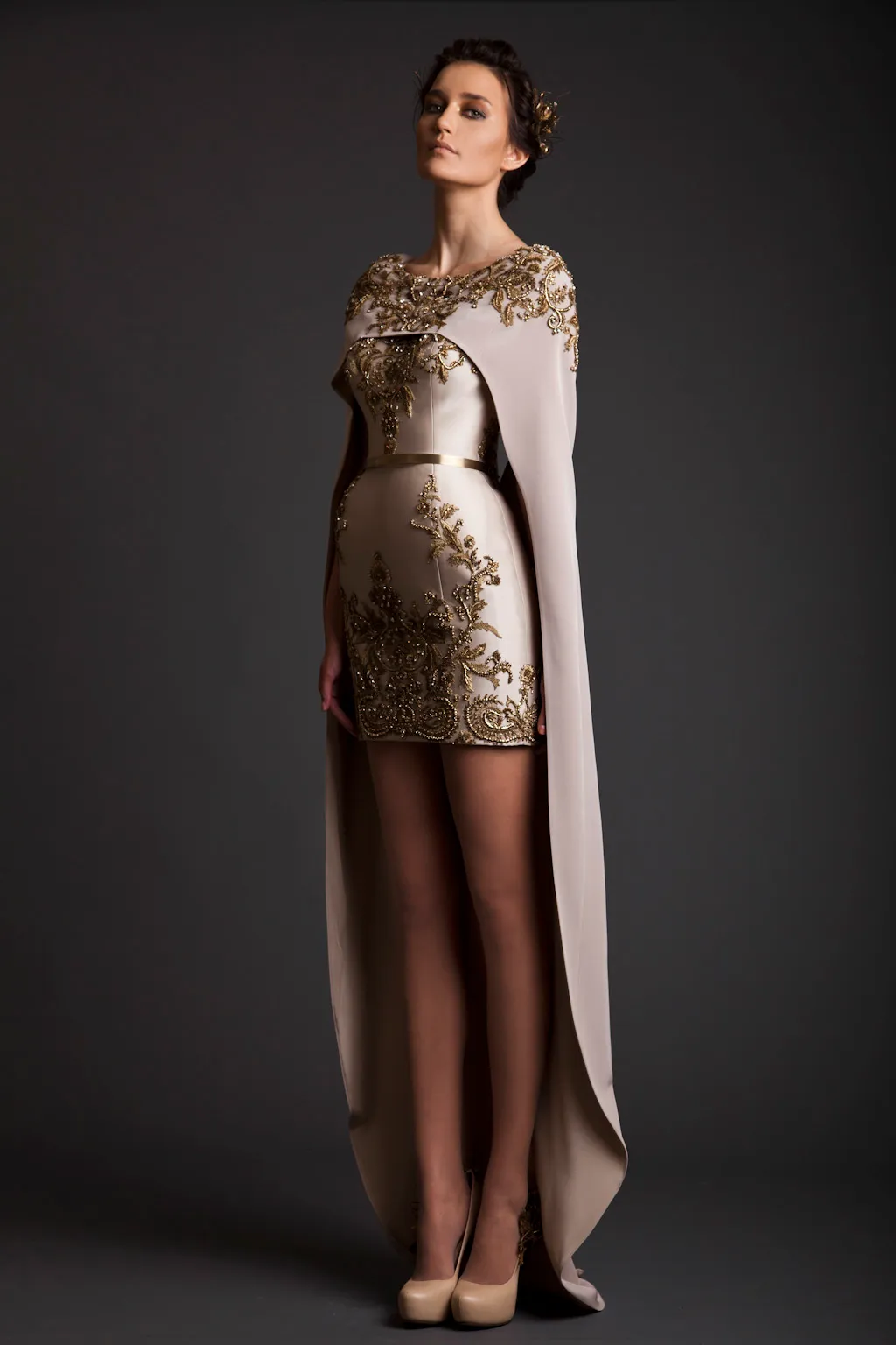 2017 Vintage Krikor Jabotian Abendkleider Etui Lange Separate Cape Stickerei Satin Kurze Champagner Ballkleider