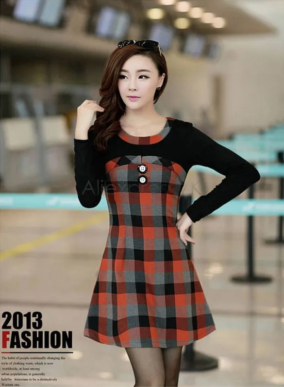 Горячая распродажа женское элегантное платье винтаж корейский плед зимнее повседневное платье с длинным рукавом зимнее дно платье b9 CB031661