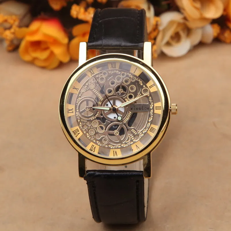 Relojes casuales Hombres de acero inoxidable de lujo Reloj esqueleto Relojes de pulsera de cuero Relojes analógicos de cuarzo niña niño reloj es DHL gratis