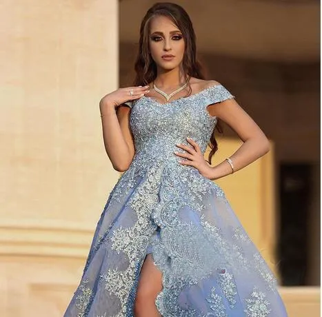 Light Blue Off Shoulder Evening Dresses With Lace Applique A-Line Prom Gowns Back Zipper Sweep Train Custom Made Vestidos De Noiva 2017