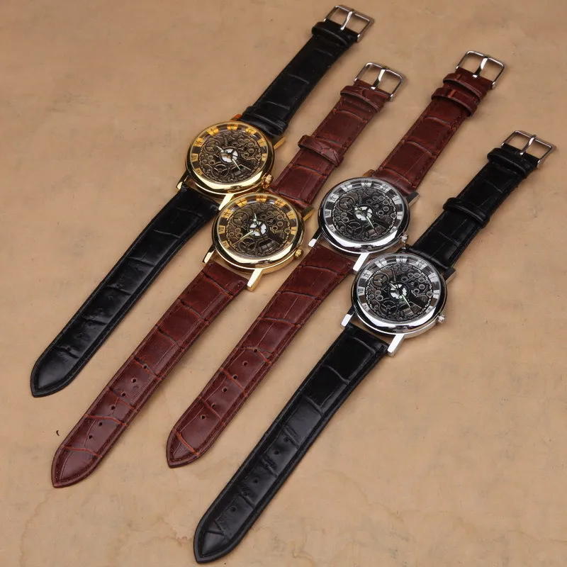 Relojes casuales Hombres de acero inoxidable de lujo Reloj esqueleto Relojes de pulsera de cuero Relojes analógicos de cuarzo niña niño reloj 4 colores DHL gratis