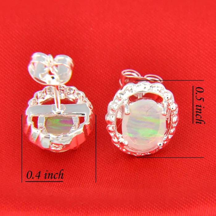 Wholesale / Mother Gift White Oval Fire Opal Crystal Gemstone 925 Sterling Silver Plated USA Stud Wedding Earrings