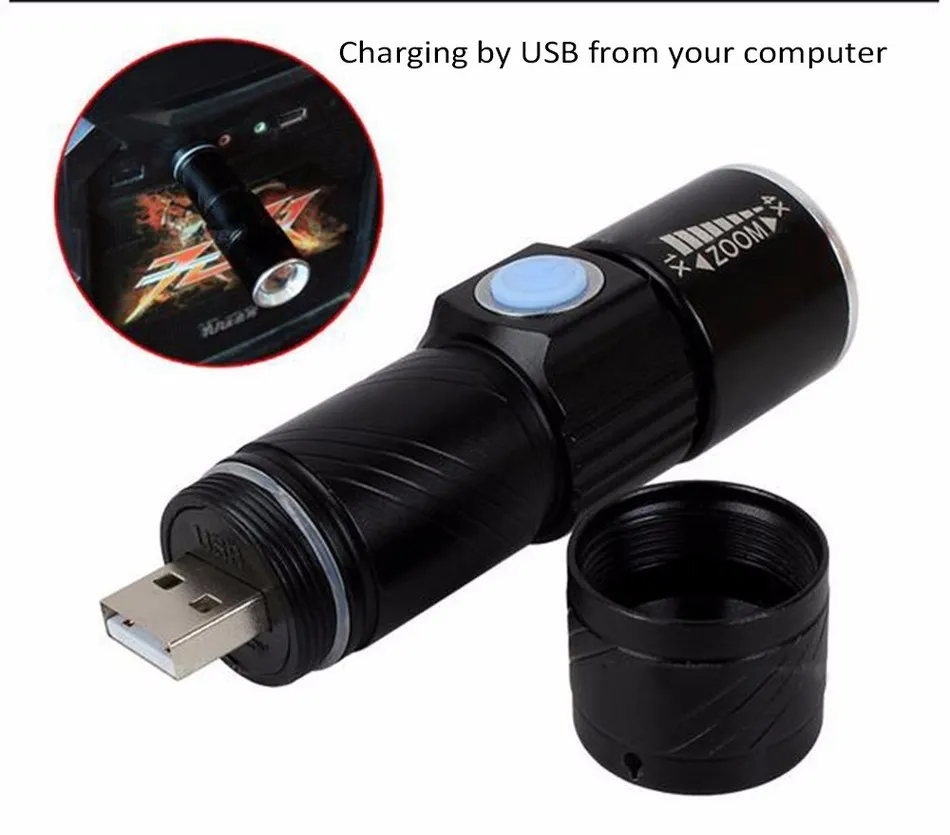 Facklor USB-lättare kraftfull mochila lanterna Taktisk fackla blixtljus linternas led zoomable gladiator zaklamp ficklampan