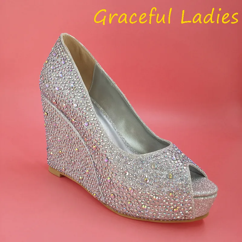 Gümüş Taklidi Düğün Ayakkabı Kama Peep Toe 2015 Kristaller Custom Made Kadınlar Pompalar Platformu Parti Yüksek Topuklu Gümüş Altın Mevcut