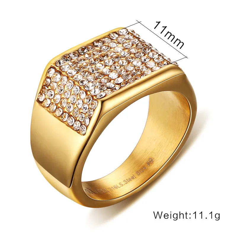 Titanium Steel Set Diamante Men Fashion Rings Gold 11mm Size 7-12