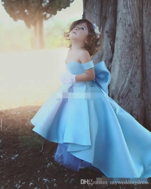 Baby Blue High Low Flower Girls Dress Off-Shoulder Sweetheart sleeveless Zipper with Big bow Children Girls Pageant Party Gown
