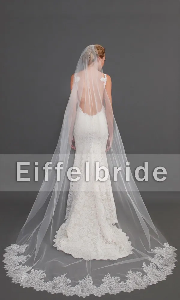 Новое поступление 2016 года, красивая фата от Eifflebride с украшенной кружевной аппликацией по краю, свадебная фата длиной около 25 метров1613619