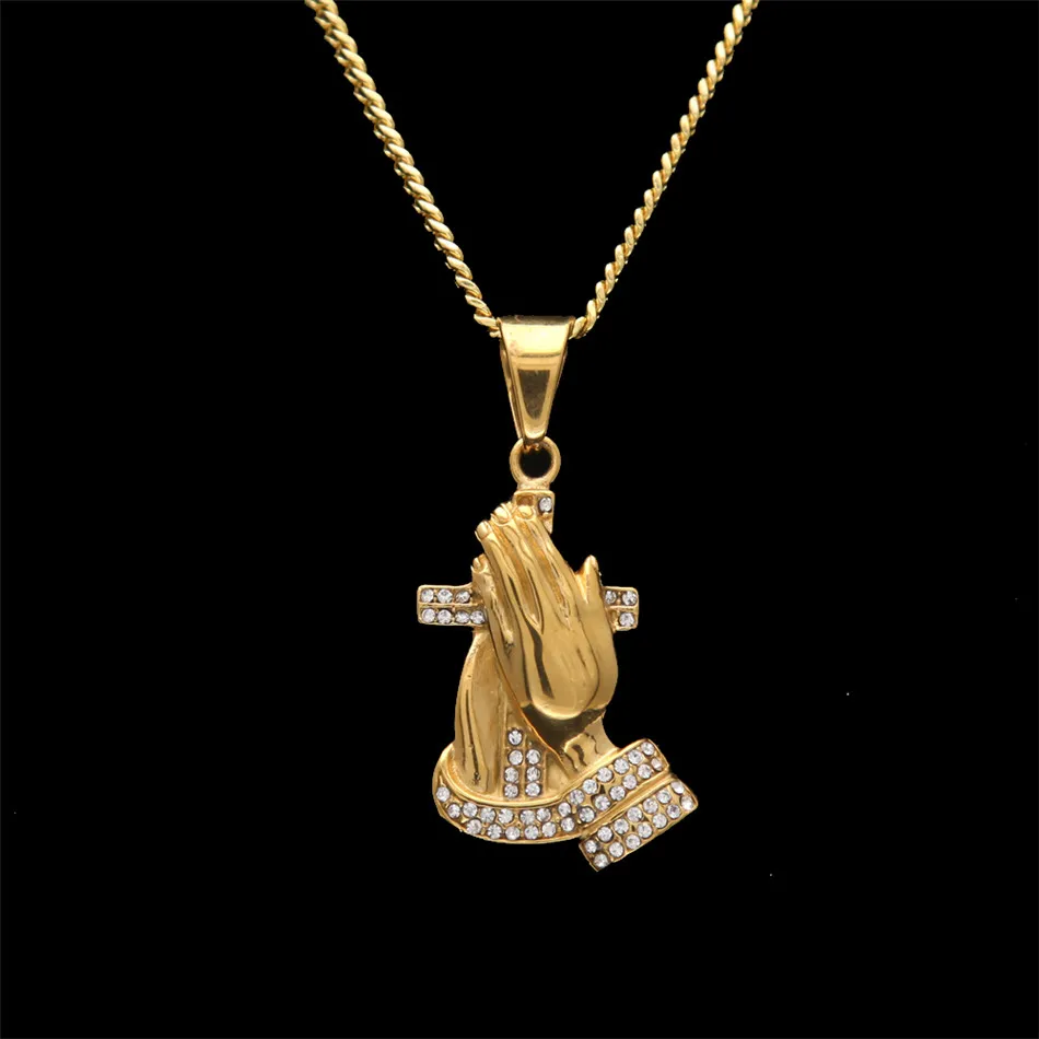 New Mens Hip Hop Parying Hands Cross Pendant Strass Acciaio inossidabile Colore oro Collana con ciondolo Catena Punk Gioielli