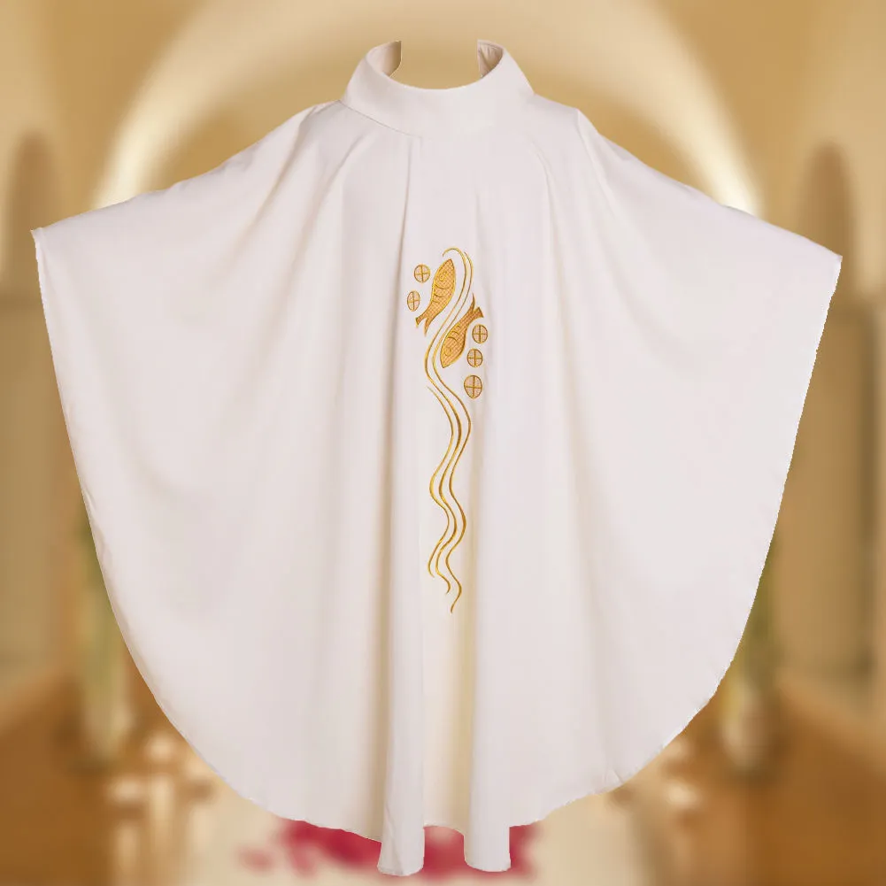 Heilige Religie Kostuums Katholieke Kerk Priester Witte Vis Geborduurde Chasuble No Collar Massa Nadements 3 stijlen