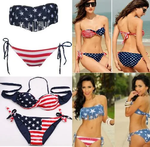 Mulheres Lady Pushup Acolchoado EUA Sexy Bikini Bandeira Americana Franja Tassel Bandagem Banhando Swimwear