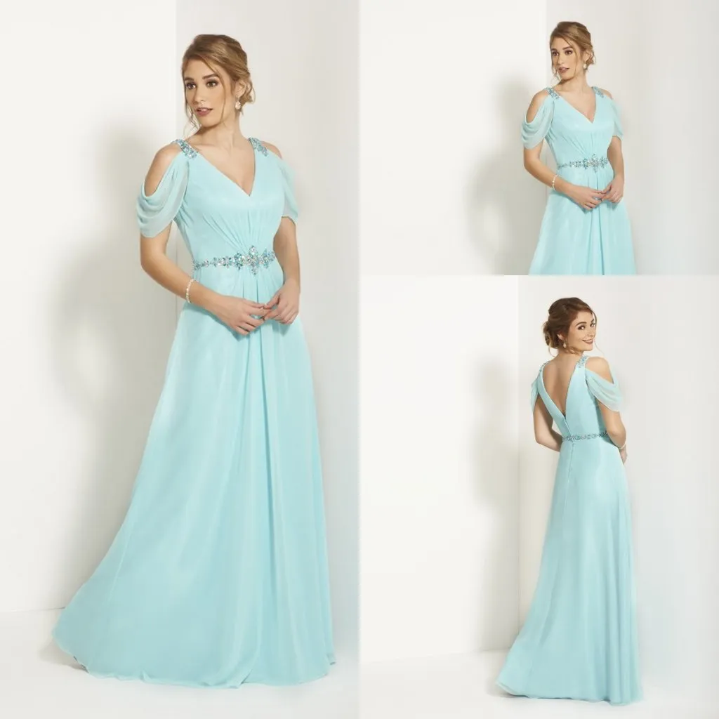 Élégant une ligne col en V bleu clair mère de la mariée robes costume formel avec manches courtes étage longueur robes de soirée de mariée 2015