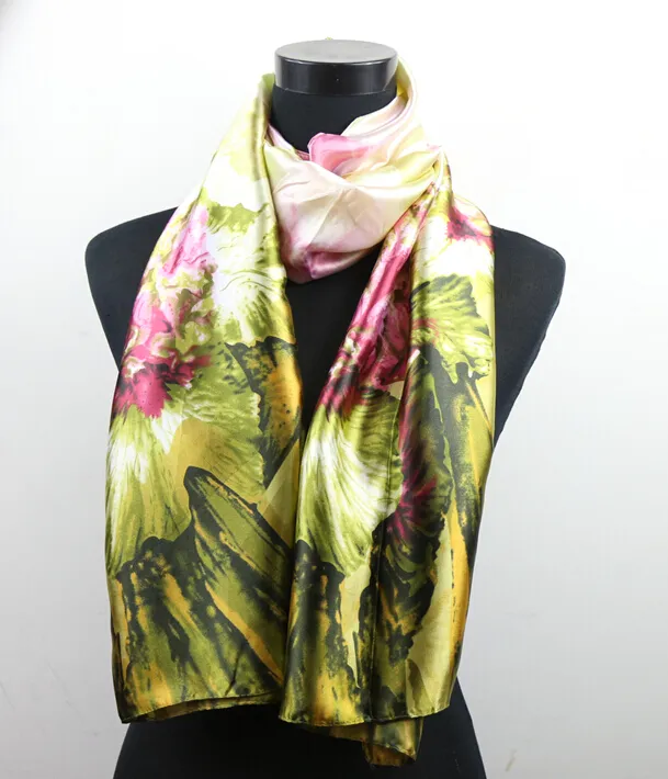 Fleur Rose Hunter Feuilles Foulards Mode Femme Satin Peinture à l'huile Satining Long Wrap Chaphe Beach Silk Echarpe 160x50cm