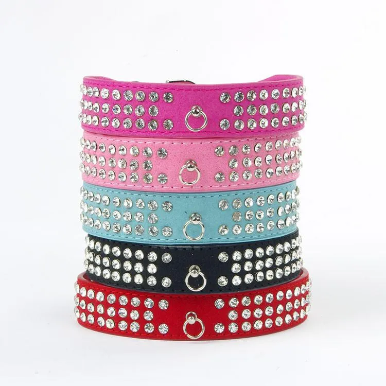 Suede Leather Rhinestone Dog Collar Crystal Diamante 3 Rows pet collarXS,S,M,L