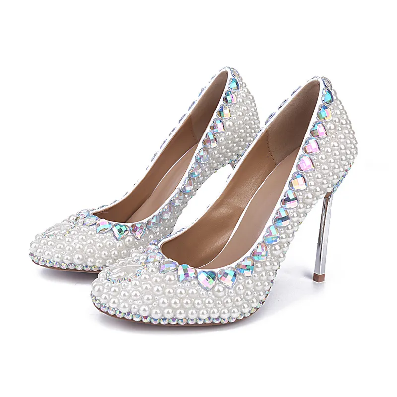 Silver Stiletto Heel White Pearl Bröllop Skor Kvinnors Platform Skor Rhinestone Tunna Heels Bridal Skor Bekväma Party Skor