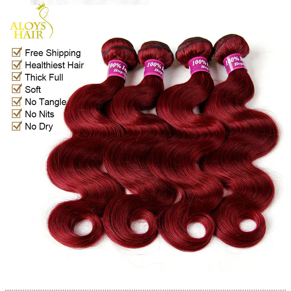 Paquetes de tejido de cabello indio de Borgoña Grado 8A Vino rojo 99J Onda del cuerpo del cabello virgen indio 3/4 piezas Lote Extensiones de cabello humano Remy de visón indio