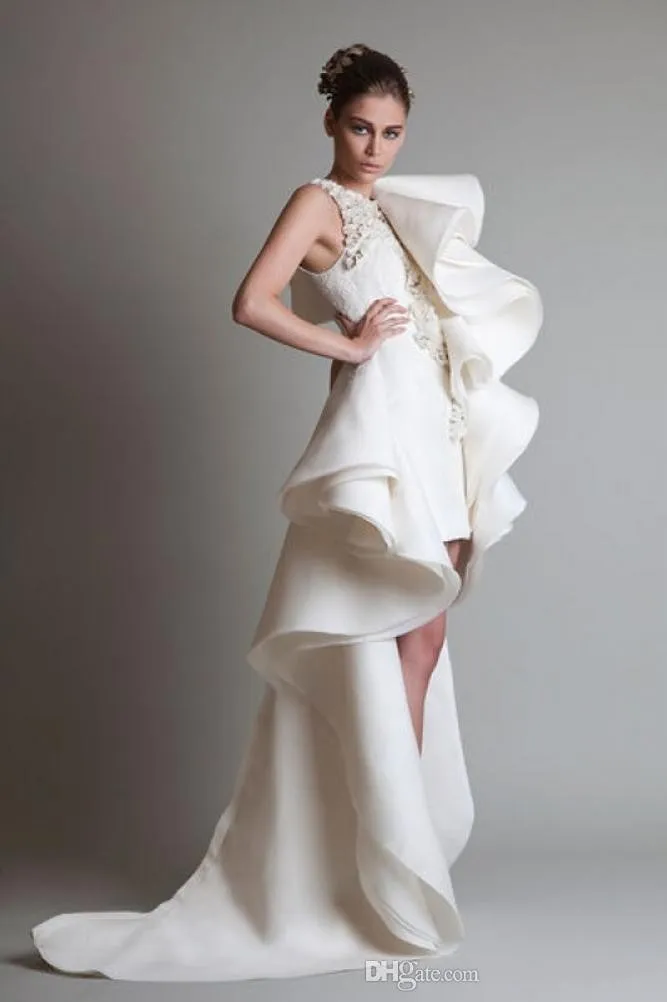 Prom Dresses One Shoulder Appliques Ruffles Sheath HiLo Organza Pageant Dress White Ivory Krikor Jabotian Tiered Bridal Gowns4483474