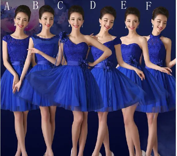Vestido de dama de honor de novia de tul de encaje azul real de moda corto Vestido de dama de honor de novia de tul de encaje azul real de moda corto