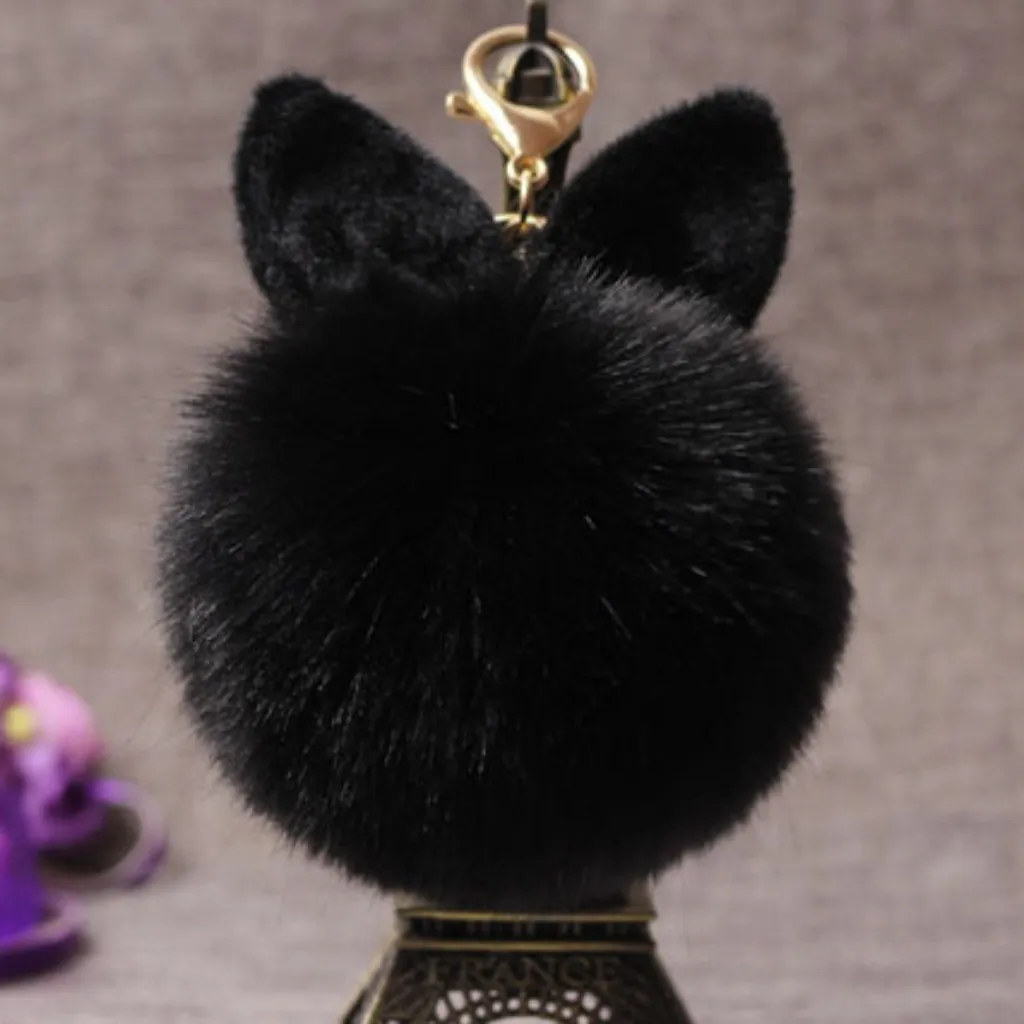 Women Fuzzy Bunny Ear Keychain Fashion Faux Rabbit Fur Keyfobs Hoder Charms Bag Keyring Fluffy Pompom Key Rings Car Pendant Kimter-D316Q A