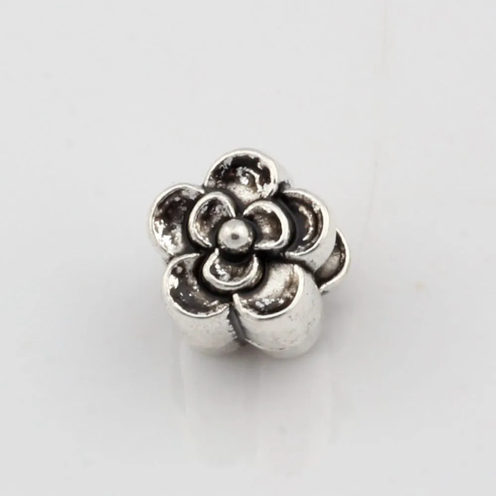 100st antikvitet silverlegering blomma stor hål spacer pärla för smycken gör armband halsband DIY tillbehör 9x9x9.5mm