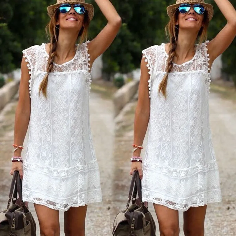 Gros-2016 femmes sans manches robe en dentelle blanche sexy Boho courte mini robes dames été plage fête robe d'été taille 6-16