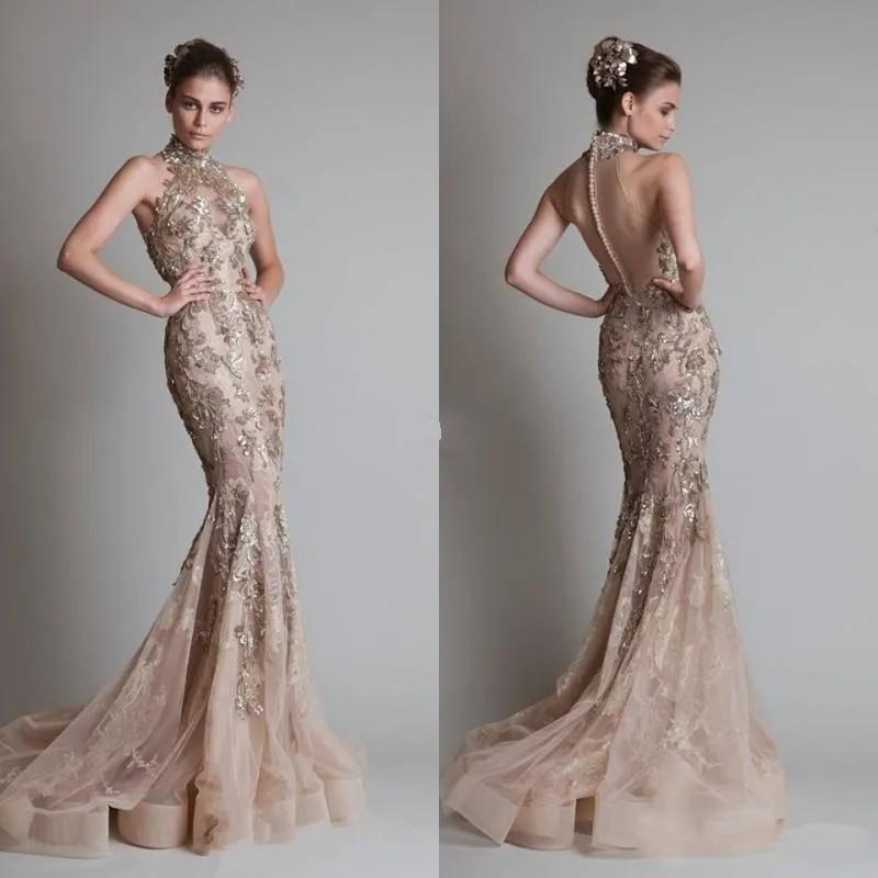2017 Champagne Evening Dress High Neck Trumpet/Mermaid Silhouette with  Court Sweep Train and Covered Button Back from Dhgate Evening Dresses -  price 145.73