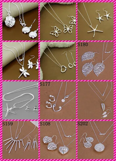 12 estilos brincos de prata esterlina 925 + conjunto de jóias de colar