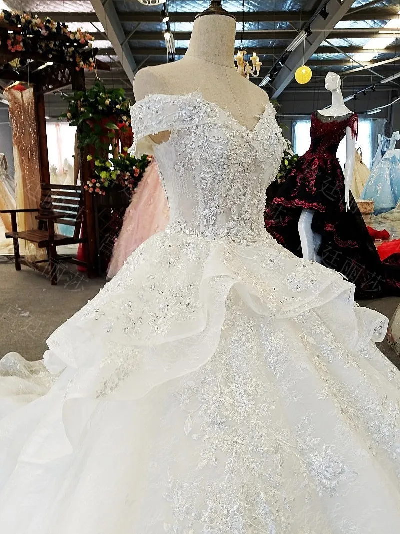 Off Shoulder Ivory Lace Ballgown Style Wedding Dress With Laces Up Back,  COurt Train, Floral Applique, Beads, And Sequins Real Pictures Included  From Lpdqlstudio, $289.09