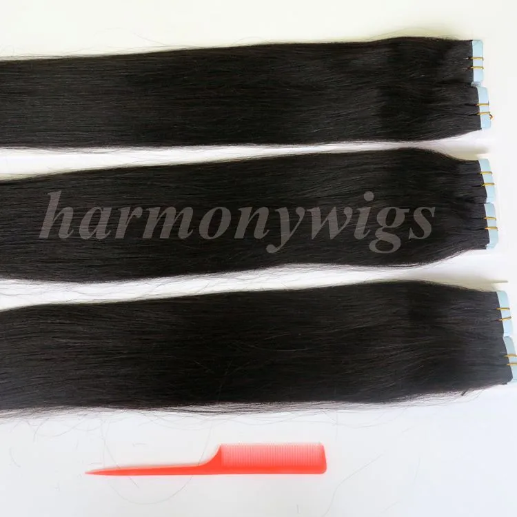 Najwyższa jakość 100g 40 sztuk klejowa skóra taśma wątku w przedłużeniach włosów Brazylijski Indian Human Hair 18 20 22 24 cali # 1b / Off Black