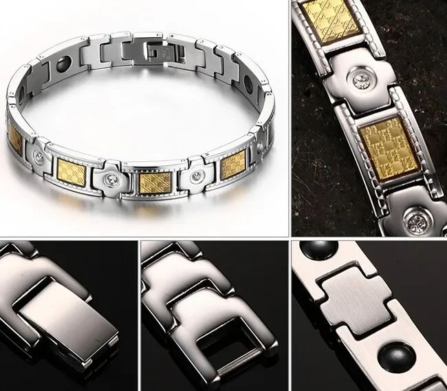 Topp som säljer högkvalitativ silverguld 316L Rostfritt stållänk Kedja Kristallmagnetiska Armband Fine Gift Smycken För Män Och Pojke