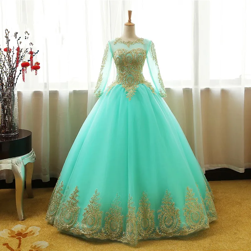 Moda menta vestido de bola doce 16 vestidos com ilusão mangas compridas laço de ouro applique tule espartilho volta pura pescoço quinceanera vestido