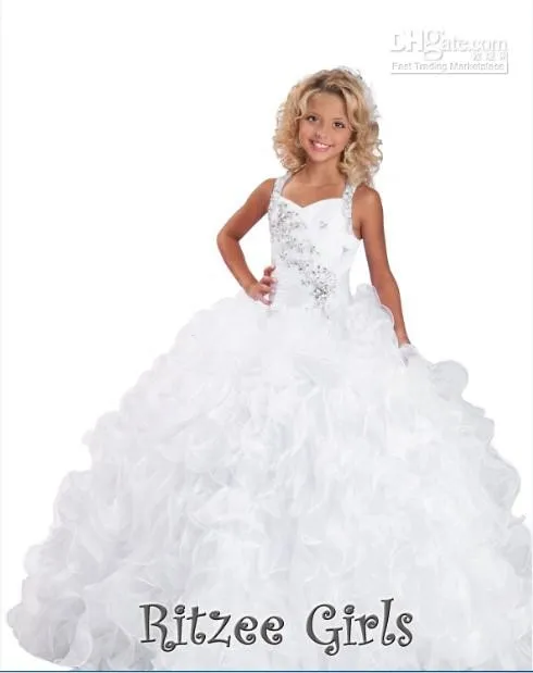 2015 Crystals Beaded Pageant Gowns for Little Girls Ritzee Spaghetti Straps Luxury Ruffles Floor Length Flower Girl Little Formal Dresses