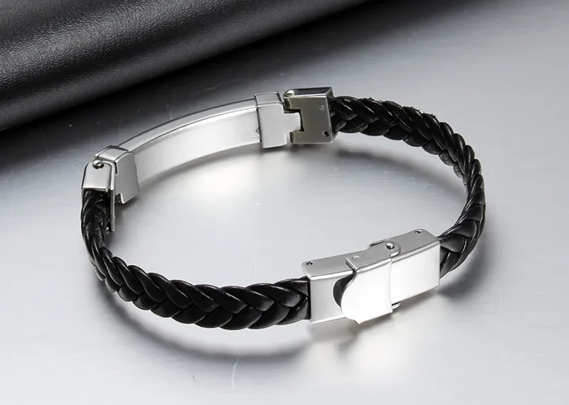 Topsale hombres regalo de vacaciones de cuero genuino joyería de acero inoxidable cuerda de alambre de la torcedura de la manera de plata negro pulsera brazalete 8 mm 8.66 ''