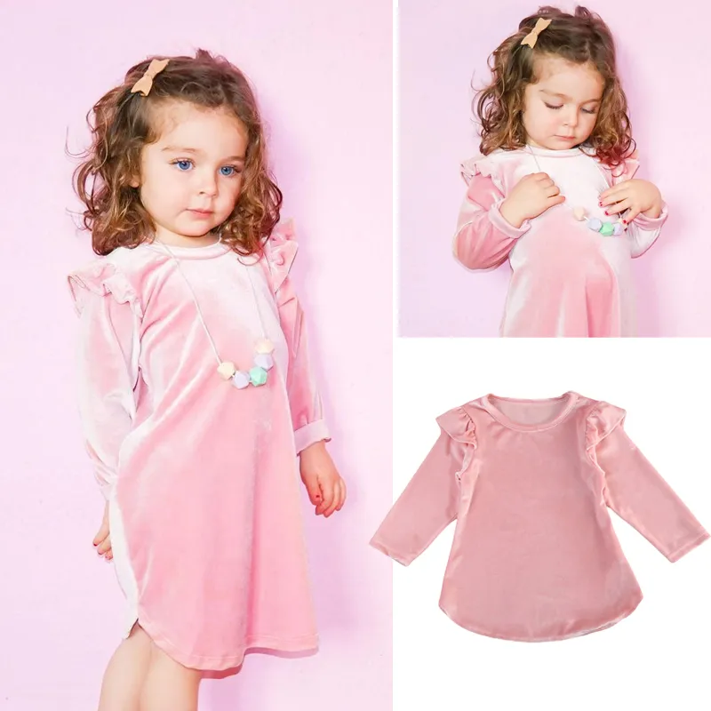 Il più nuovo vestito da bambina Primavera Autunno Abito in velluto rosa Neonate infantili Abiti da principessa a trapezio allentati Mini abito casual a maniche lunghe Pleuche