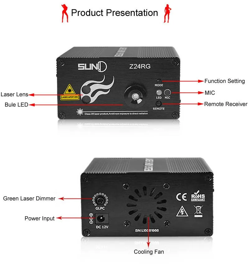 Suny RGB Mini 3 lenti di alta qualità 24 modelli Mixing Proiettore laser Effetto Stage Remote 3W LED blu Spettacolo di luci Disco Party Lighti2296316