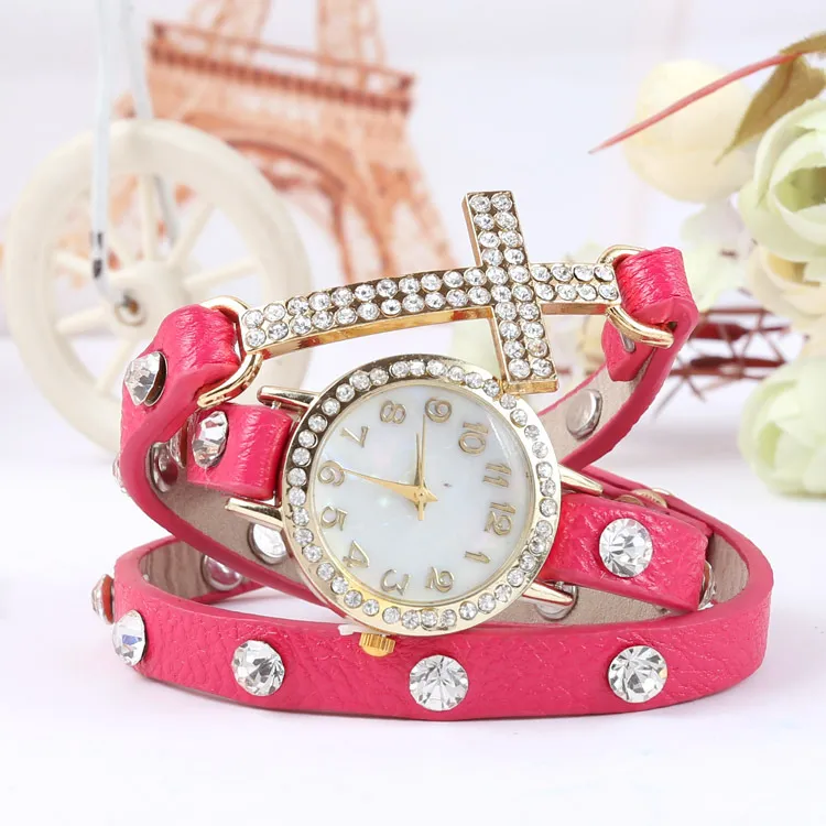 free shippng 2015 New women vintage drill bracelet women watches with cross,fashion leather strap quartz watches,women dress watches