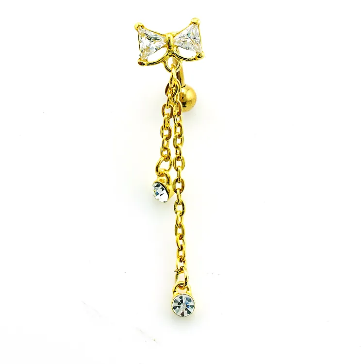 Body Belly Button Rings Guldpläterade rostfritt stål Skivstång dingle Rhinestone Long Chain Navel Rings Piercing Jewelry320V