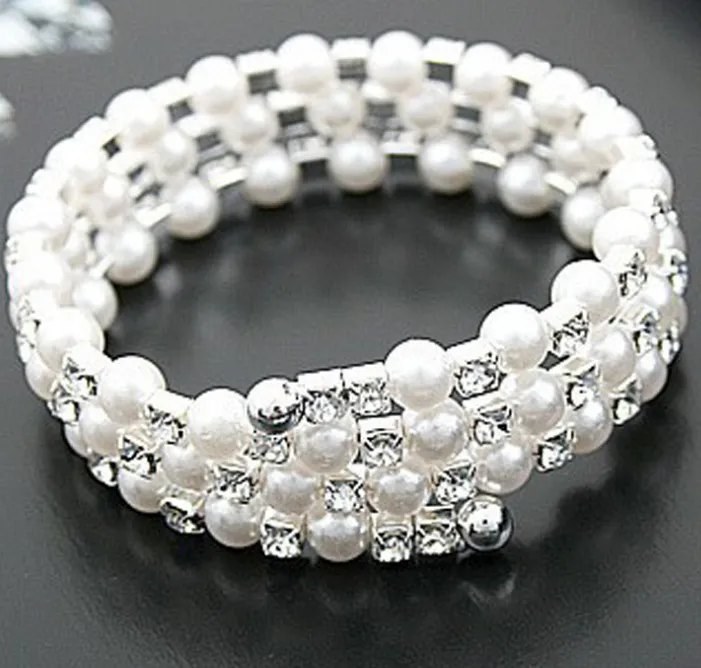 Shining 3 Row 4 Row Rhinestone Pearls Bracelet multi-layer stretch Pearls Bracelet Bridal Rhinestone Bracelet Cheap Wedding Party Jewelry