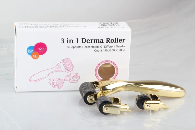 Drop ship Derma Roller 3 in 1, 3 testine separate con diverso numero di aghi Rullo micro aghi con manico dorato 180c/600c/1200c