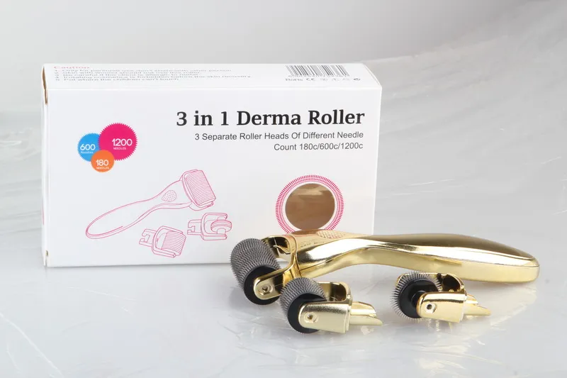 Navio da gota 3 em 1 Derma Roller, 3 cabeças separadas do rolo da contagem diferente da agulha rolo micro da agulha do punho dourado de 180c / 600c / 1200c