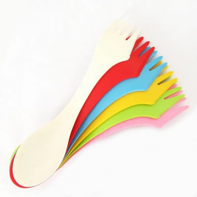 Plastic lepel vork - outdoor spork keukengereedschap voor 6 kleuren gemengd