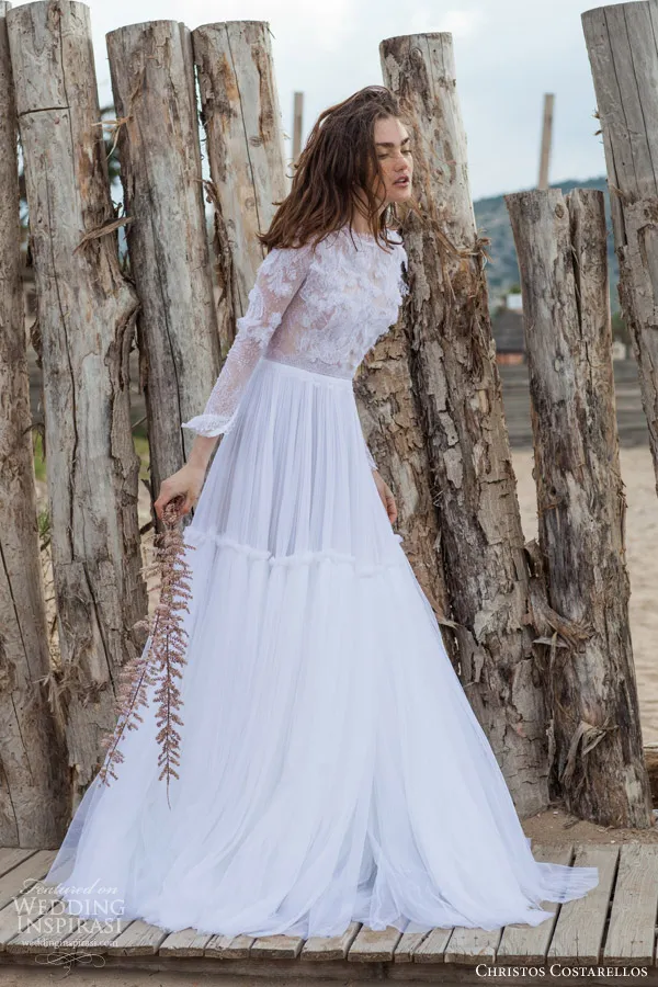 Pure White 2016 Lace Wedding Dresses christos costarellos Three Quarters Sleeve See Through Top Bohemia Beach Wedding Dress A Line Tulle