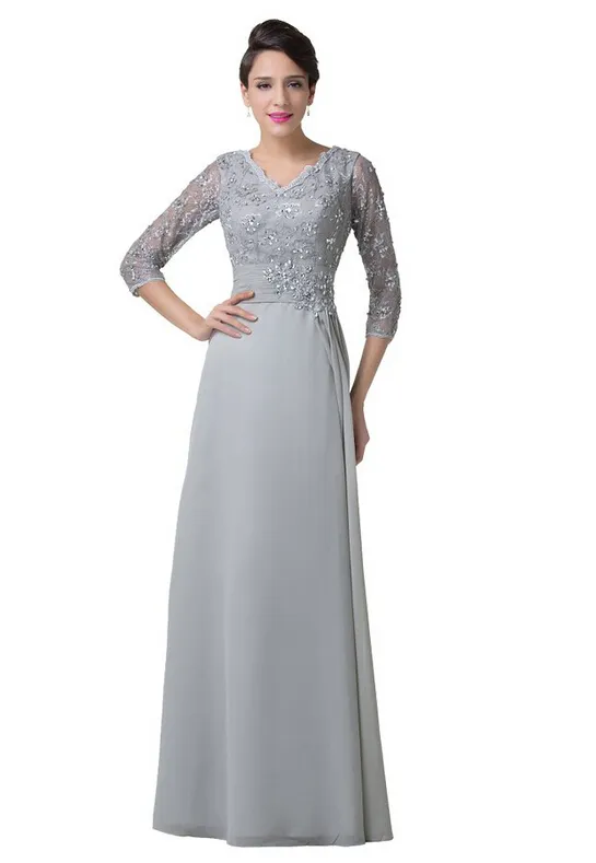 Women's V-neck Lace Empire Line long Prom Dress Beadings 3/4 Long Sleeves Mother's Dresses