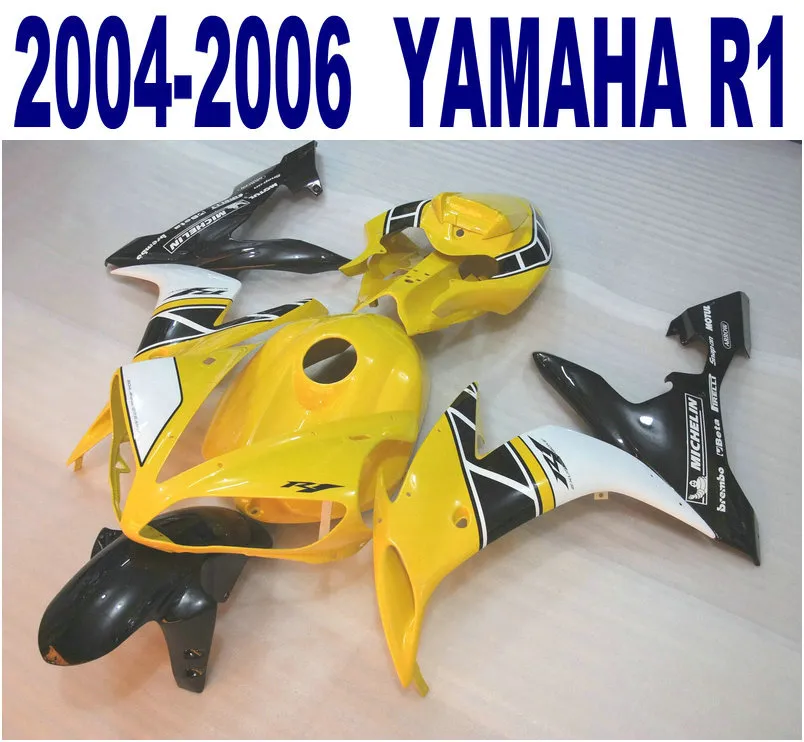 100% molduras por injeção de alta qualidade bodykits para carenagens YAMAHA 2004-2006 YZF-R1 amarelo branco carenagem preta kit 04 05 06 yzf r1 VL35