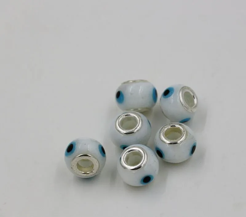 Hot Sell ! 14mm Evil Eye Murano Lampwork Colored Glaze 5mm Big Hole Glass Beads Fit Charm Bracelet DIY Jewelry White Color