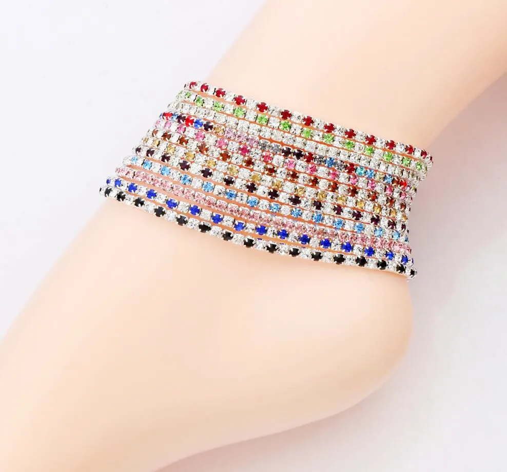 12pcs/lot 12colors Silver Plated Fresh Full Clear Colorful Rhinestone Czech Crystal Circle Spring Anklets Body Jewelry