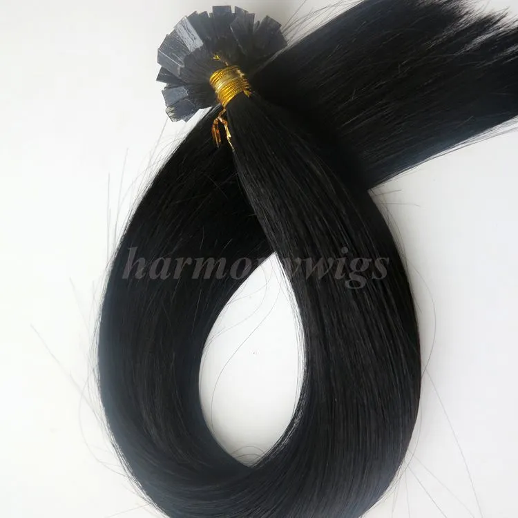 Pre Bonded Flat Tips Human Hair Extensions 100g 100Strands 18 20 22 24INH # 1 / JET Svart Brasilianska Indiska Keratin Hårprodukter