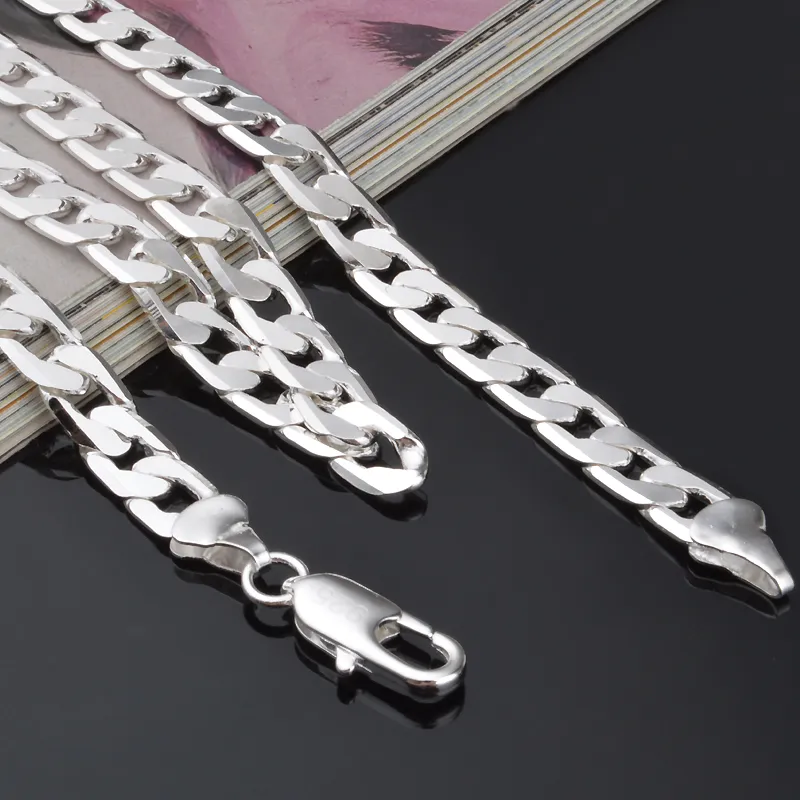 Горячие 925 серебряного серебряного серебряного серебра 8 мм 16 '' 18 '' 20 '22' '24' '' Плоская цепная ожерель